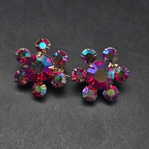 Red Aurora Magenta Borealis Rhinestone Flower Scatter Pins Set of Two